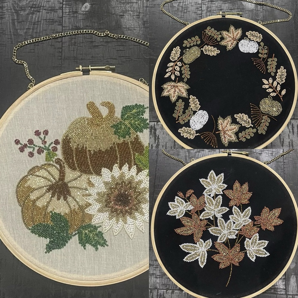 3 Fall Collection Beaded Hanging Wall Art in Round Wooden Hoop- as a set